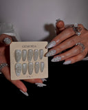 (AM0020#) Handmade Press-On Nails | Reusable, Salon-Quality, Long-Lasting, Glossy Design, Silver Glitter Floral Nails Set
