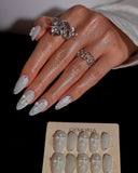 (AM0020#) Handmade Press-On Nails | Reusable, Salon-Quality, Long-Lasting, Glossy Design, Silver Glitter Floral Nails Set