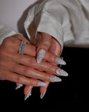 (AM0020#) Handmade Press-On Nails | Reusable, Salon-Quality, Long-Lasting, Glossy Design, Silver Glitter Floral Nails Set