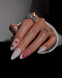 (JDD1021#) Handmade Press-On Nails | Reusable, Salon-Quality, Long-Lasting, Glossy Design, White Pink Lip Print Almond Nails, Y2K Kiss