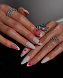 (JDD1021#) Handmade Press-On Nails | Reusable, Salon-Quality, Long-Lasting, Glossy Design, White Pink Lip Print Almond Nails, Y2K Kiss