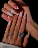(JDD1021#) Handmade Press-On Nails | Reusable, Salon-Quality, Long-Lasting, Glossy Design, White Pink Lip Print Almond Nails, Y2K Kiss