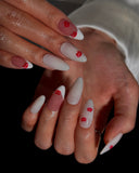 (JDD1021#) Handmade Press-On Nails | Reusable, Salon-Quality, Long-Lasting, Glossy Design, White Pink Lip Print Almond Nails, Y2K Kiss
