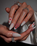 (JDD1021#) Handmade Press-On Nails | Reusable, Salon-Quality, Long-Lasting, Glossy Design, White Pink Lip Print Almond Nails, Y2K Kiss