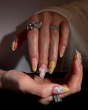 (AM0028#) Handmade Press-On Nails | Reusable, Salon-Quality, Long-Lasting, Glossy Design, Nude Pink Almond Nails Gold French Tip 3D Flower Floral Accent Luxury Glitter Set