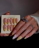 (AM0028#) Handmade Press-On Nails | Reusable, Salon-Quality, Long-Lasting, Glossy Design, Nude Pink Almond Nails Gold French Tip 3D Flower Floral Accent Luxury Glitter Set