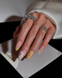(AM0028#) Handmade Press-On Nails | Reusable, Salon-Quality, Long-Lasting, Glossy Design, Nude Pink Almond Nails Gold French Tip 3D Flower Floral Accent Luxury Glitter Set