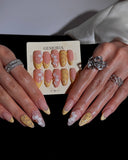 (AM0028#) Handmade Press-On Nails | Reusable, Salon-Quality, Long-Lasting, Glossy Design, Nude Pink Almond Nails Gold French Tip 3D Flower Floral Accent Luxury Glitter Set