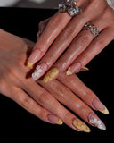 (AM0028#) Handmade Press-On Nails | Reusable, Salon-Quality, Long-Lasting, Glossy Design, Nude Pink Almond Nails Gold French Tip 3D Flower Floral Accent Luxury Glitter Set