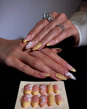 (AM0028#) Handmade Press-On Nails | Reusable, Salon-Quality, Long-Lasting, Glossy Design, Nude Pink Almond Nails Gold French Tip 3D Flower Floral Accent Luxury Glitter Set