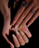(AM0028#) Handmade Press-On Nails | Reusable, Salon-Quality, Long-Lasting, Glossy Design, Nude Pink Almond Nails Gold French Tip 3D Flower Floral Accent Luxury Glitter Set
