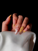 (AM0028#) Handmade Press-On Nails | Reusable, Salon-Quality, Long-Lasting, Glossy Design, Nude Pink Almond Nails Gold French Tip 3D Flower Floral Accent Luxury Glitter Set