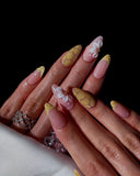 (AM0028#) Handmade Press-On Nails | Reusable, Salon-Quality, Long-Lasting, Glossy Design, Nude Pink Almond Nails Gold French Tip 3D Flower Floral Accent Luxury Glitter Set