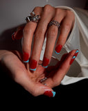 (JDD1033#) Handmade Press-On Nails | Reusable, Salon-Quality, Long-Lasting, Glossy Design, Red Blue French Tip Short Square Press On Nail Set, Minimal Cute Daily Wear Fake Nails