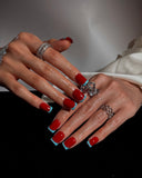 (JDD1033#) Handmade Press-On Nails | Reusable, Salon-Quality, Long-Lasting, Glossy Design, Red Blue French Tip Short Square Press On Nail Set, Minimal Cute Daily Wear Fake Nails