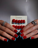 (JDD1033#) Handmade Press-On Nails | Reusable, Salon-Quality, Long-Lasting, Glossy Design, Red Blue French Tip Short Square Press On Nail Set, Minimal Cute Daily Wear Fake Nails
