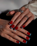 (JDD1033#) Handmade Press-On Nails | Reusable, Salon-Quality, Long-Lasting, Glossy Design, Red Blue French Tip Short Square Press On Nail Set, Minimal Cute Daily Wear Fake Nails