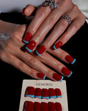 (JDD1033#) Handmade Press-On Nails | Reusable, Salon-Quality, Long-Lasting, Glossy Design, Red Blue French Tip Short Square Press On Nail Set, Minimal Cute Daily Wear Fake Nails