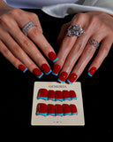 (JDD1033#) Handmade Press-On Nails | Reusable, Salon-Quality, Long-Lasting, Glossy Design, Red Blue French Tip Short Square Press On Nail Set, Minimal Cute Daily Wear Fake Nails