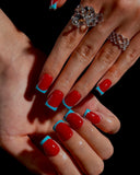 (JDD1033#) Handmade Press-On Nails | Reusable, Salon-Quality, Long-Lasting, Glossy Design, Red Blue French Tip Short Square Press On Nail Set, Minimal Cute Daily Wear Fake Nails
