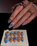 (JDD1011#) Handmade Press-On Nails | Reusable, Salon-Quality, Long-Lasting, Glossy Design, Blue Floral Almond Press-On Nails Rhinestone Gold Accent Elegant Handmade Nail Set Wedding Party