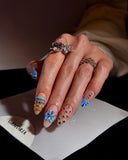 (JDD1011#) Handmade Press-On Nails | Reusable, Salon-Quality, Long-Lasting, Glossy Design, Blue Floral Almond Press-On Nails Rhinestone Gold Accent Elegant Handmade Nail Set Wedding Party