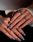 (JDD1011#) Handmade Press-On Nails | Reusable, Salon-Quality, Long-Lasting, Glossy Design, Blue Floral Almond Press-On Nails Rhinestone Gold Accent Elegant Handmade Nail Set Wedding Party