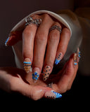 (JDD1011#) Handmade Press-On Nails | Reusable, Salon-Quality, Long-Lasting, Glossy Design, Blue Floral Almond Press-On Nails Rhinestone Gold Accent Elegant Handmade Nail Set Wedding Party