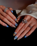 (JDD1011#) Handmade Press-On Nails | Reusable, Salon-Quality, Long-Lasting, Glossy Design, Blue Floral Almond Press-On Nails Rhinestone Gold Accent Elegant Handmade Nail Set Wedding Party