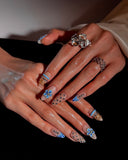 (JDD1011#) Handmade Press-On Nails | Reusable, Salon-Quality, Long-Lasting, Glossy Design, Blue Floral Almond Press-On Nails Rhinestone Gold Accent Elegant Handmade Nail Set Wedding Party