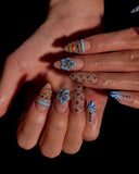 (JDD1011#) Handmade Press-On Nails | Reusable, Salon-Quality, Long-Lasting, Glossy Design, Blue Floral Almond Press-On Nails Rhinestone Gold Accent Elegant Handmade Nail Set Wedding Party