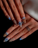 (JDD1011#) Handmade Press-On Nails | Reusable, Salon-Quality, Long-Lasting, Glossy Design, Blue Floral Almond Press-On Nails Rhinestone Gold Accent Elegant Handmade Nail Set Wedding Party
