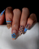 (JDD1011#) Handmade Press-On Nails | Reusable, Salon-Quality, Long-Lasting, Glossy Design, Blue Floral Almond Press-On Nails Rhinestone Gold Accent Elegant Handmade Nail Set Wedding Party