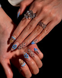 (JDD1011#) Handmade Press-On Nails | Reusable, Salon-Quality, Long-Lasting, Glossy Design, Blue Floral Almond Press-On Nails Rhinestone Gold Accent Elegant Handmade Nail Set Wedding Party