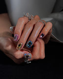 (17AM00#) Handmade Press-On Nails | Reusable, Salon-Quality, Long-Lasting, Glossy Design, Crystal Rhinestone Nude Blue Party Set