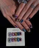 (17AM00#) Handmade Press-On Nails | Reusable, Salon-Quality, Long-Lasting, Glossy Design, Crystal Rhinestone Nude Blue Party Set