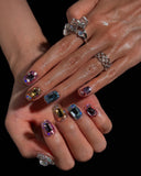 (17AM00#) Handmade Press-On Nails | Reusable, Salon-Quality, Long-Lasting, Glossy Design, Crystal Rhinestone Nude Blue Party Set