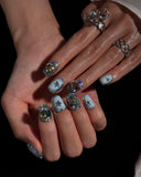 (AM0032#) Handmade Press-On Nails | Reusable, Salon-Quality, Long-Lasting, Glossy Design, Crystal Rhinestone Press On Nails, Icy Blue Star Short Square Fake Nail Set