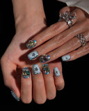 (AM0032#) Handmade Press-On Nails | Reusable, Salon-Quality, Long-Lasting, Glossy Design, Crystal Rhinestone Press On Nails, Icy Blue Star Short Square Fake Nail Set