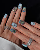 (AM0032#) Handmade Press-On Nails | Reusable, Salon-Quality, Long-Lasting, Glossy Design, Crystal Rhinestone Press On Nails, Icy Blue Star Short Square Fake Nail Set