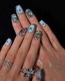 (AM0032#) Handmade Press-On Nails | Reusable, Salon-Quality, Long-Lasting, Glossy Design, Crystal Rhinestone Press On Nails, Icy Blue Star Short Square Fake Nail Set