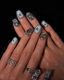 (AM0032#) Handmade Press-On Nails | Reusable, Salon-Quality, Long-Lasting, Glossy Design, Crystal Rhinestone Press On Nails, Icy Blue Star Short Square Fake Nail Set