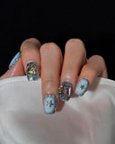 (AM0032#) Handmade Press-On Nails | Reusable, Salon-Quality, Long-Lasting, Glossy Design, Crystal Rhinestone Press On Nails, Icy Blue Star Short Square Fake Nail Set