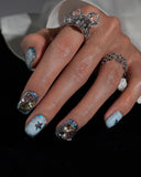 (AM0032#) Handmade Press-On Nails | Reusable, Salon-Quality, Long-Lasting, Glossy Design, Crystal Rhinestone Press On Nails, Icy Blue Star Short Square Fake Nail Set
