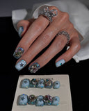 (AM0032#) Handmade Press-On Nails | Reusable, Salon-Quality, Long-Lasting, Glossy Design, Crystal Rhinestone Press On Nails, Icy Blue Star Short Square Fake Nail Set