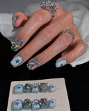 (AM0032#) Handmade Press-On Nails | Reusable, Salon-Quality, Long-Lasting, Glossy Design, Crystal Rhinestone Press On Nails, Icy Blue Star Short Square Fake Nail Set