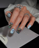 (AM0032#) Handmade Press-On Nails | Reusable, Salon-Quality, Long-Lasting, Glossy Design, Crystal Rhinestone Press On Nails, Icy Blue Star Short Square Fake Nail Set