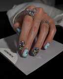 (AM0032#) Handmade Press-On Nails | Reusable, Salon-Quality, Long-Lasting, Glossy Design, Crystal Rhinestone Press On Nails, Icy Blue Star Short Square Fake Nail Set