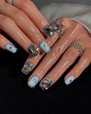 (AM0032#) Handmade Press-On Nails | Reusable, Salon-Quality, Long-Lasting, Glossy Design, Crystal Rhinestone Press On Nails, Icy Blue Star Short Square Fake Nail Set