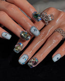 (AM0032#) Handmade Press-On Nails | Reusable, Salon-Quality, Long-Lasting, Glossy Design, Crystal Rhinestone Press On Nails, Icy Blue Star Short Square Fake Nail Set
